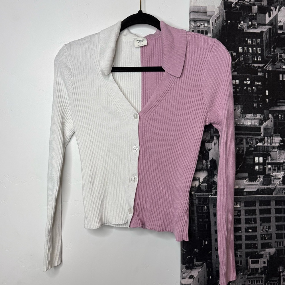 Abercrombie Colorblock Ribbed Top Pink White Fitted Button Y2K Style